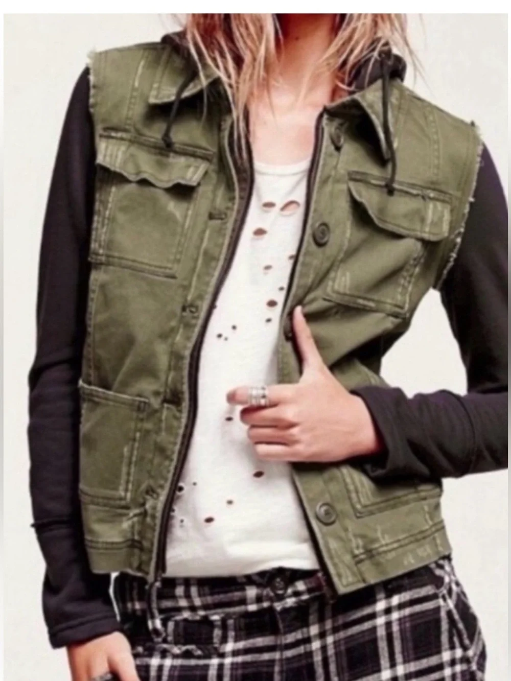 Free People Olive Green Moto Jacket with Black Hoodie and Sleeves
